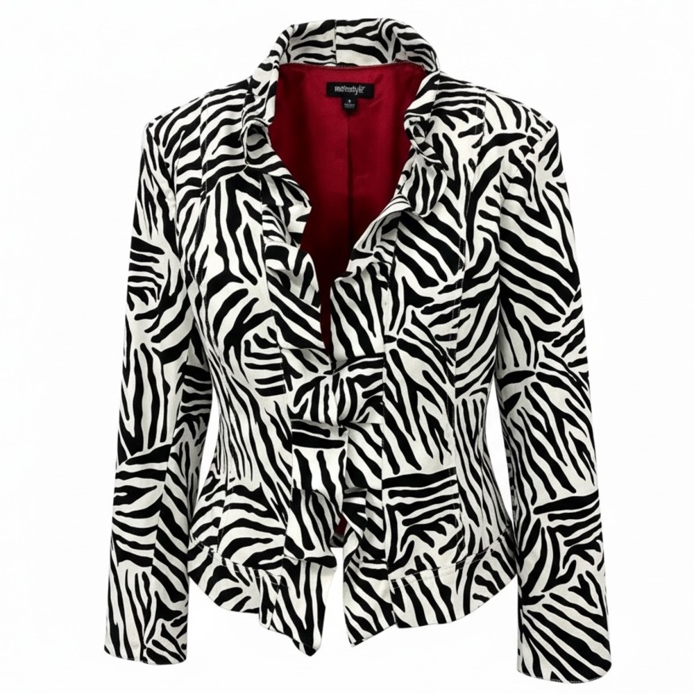 Metrostyle size 8 Ivory & Black‎ Animal Print Ruffle Collar Open Blazer Jacket